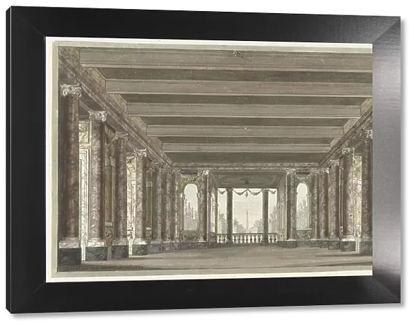 Design for a theater decor of a column gallery with Loggia, 1779. Creator: Pieter Barbiers