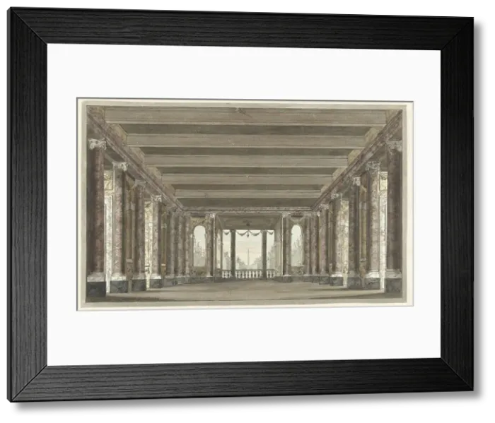 Framed Print : Design for a theater decor of a column gallery with Loggia, 1779. Creator: Pieter Barbiers Framed Print : Design for a theater decor of a column gallery with Loggia, 1779. Creator: Pieter Barbiers