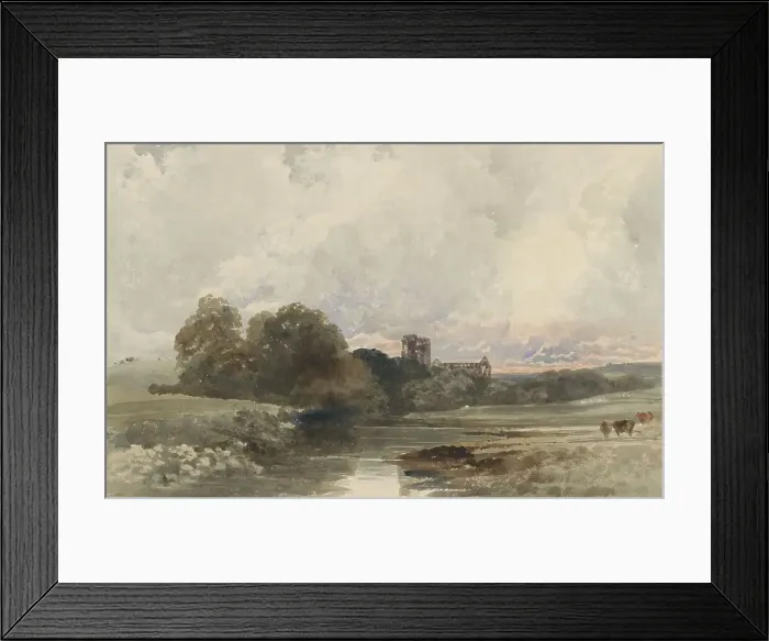 Framed Print : Evening landscape with the ruins of Kirkstall Abbey, Yorkshire, 1794-1849. Creator: Peter de Wint Framed Print : Evening landscape with the ruins of Kirkstall Abbey, Yorkshire, 1794-1849. Creator: Peter de Wint