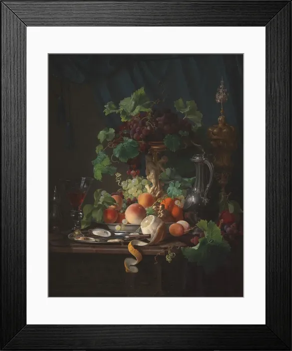 Framed Print : Arrangement with wine glasses, oysters, lemon and other fruits, 1848. Creator: Carl Balsgaard Framed Print : Arrangement with wine glasses, oysters, lemon and other fruits, 1848. Creator: Carl Balsgaard