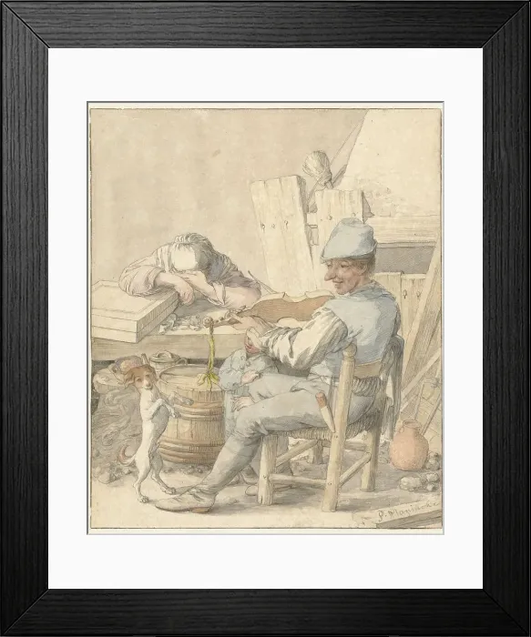 Framed Print : Interior with man playing violin, sleeping woman and dancing dog, 1616-1686. Creator: Pieter Moninckx Framed Print : Interior with man playing violin, sleeping woman and dancing dog, 1616-1686. Creator: Pieter Moninckx