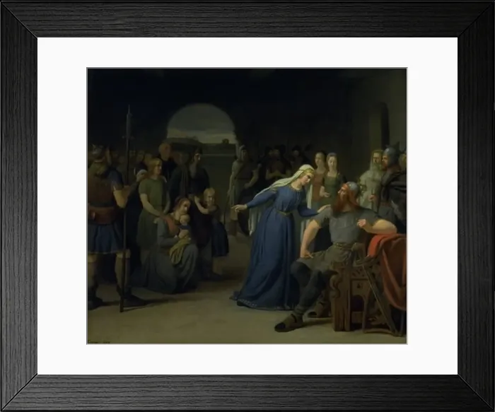 Framed Print : The Danish Queen Thyra Danebod Trying to Soften the Heart of her Husband, Gorm the Old... 1849. Creator: Julius Exner Framed Print : The Danish Queen Thyra Danebod Trying to Soften the Heart of her Husband, Gorm the Old... 1849. Creator: Julius Exner