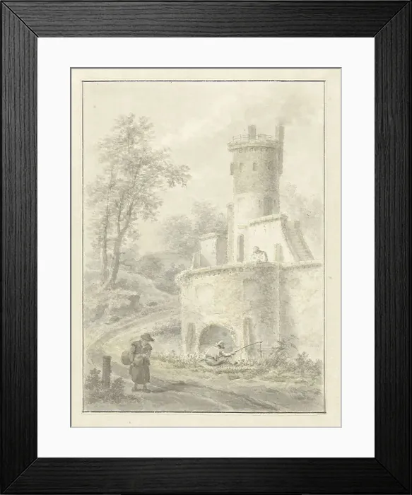 Framed Print : Landscape with an angler and a woman near a fortress tower, 1838. Creator: Pieter Barbiers Framed Print : Landscape with an angler and a woman near a fortress tower, 1838. Creator: Pieter Barbiers