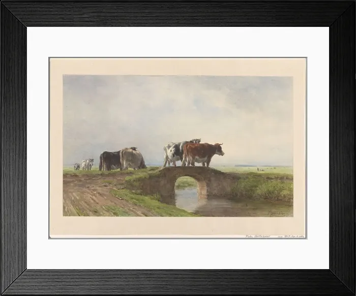 Framed Print : Cows on a stone bridge, 1838-1892. Creator: Pieter Stortenbeker Framed Print : Cows on a stone bridge, 1838-1892. Creator: Pieter Stortenbeker