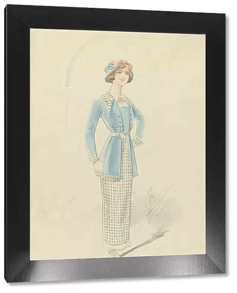 Young woman in black and white checkered ensemble, 1914. Creator: Price