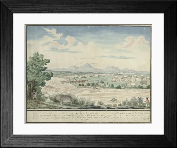 Framed Print : Hippopotamus hunt at the Seekoei River, 1778. Creator: Robert Jacob Gordon Framed Print : Hippopotamus hunt at the Seekoei River, 1778. Creator: Robert Jacob Gordon