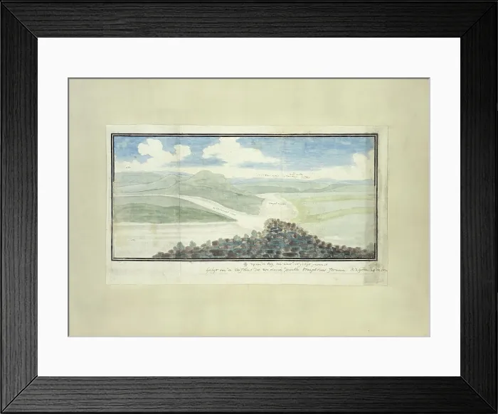 Framed Print : The confluence of the Caledon and Orange Rivers, seen from the south-west, 1777. Creator: Robert Jacob Gordon Framed Print : The confluence of the Caledon and Orange Rivers, seen from the south-west, 1777. Creator: Robert Jacob Gordon