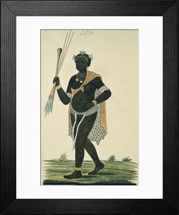 Framed Print : Man holding three assegais and a knobkerrie, 1776-1795. Creator: Robert Jacob Gordon Framed Print : Man holding three assegais and a knobkerrie, 1776-1795. Creator: Robert Jacob Gordon