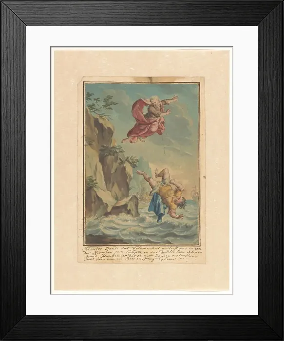 Framed Print : Mentor throws Telemachus off a cliff and jumps after him, 1719-1775. Creator: Ruik Keyert Framed Print : Mentor throws Telemachus off a cliff and jumps after him, 1719-1775. Creator: Ruik Keyert