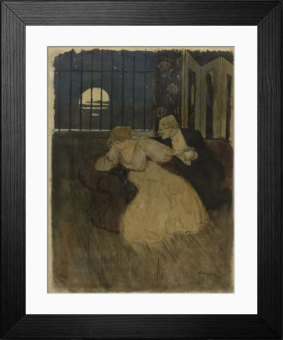 Framed Print : Gentleman tries to persuade a doubting lady on a sofa, 1869-1923. Creator: Theophile Alexandre Steinlen Framed Print : Gentleman tries to persuade a doubting lady on a sofa, 1869-1923. Creator: Theophile Alexandre Steinlen