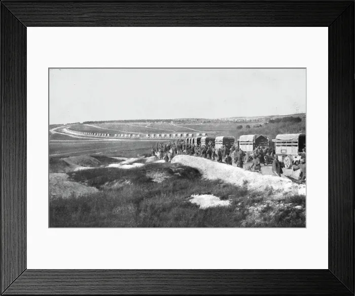 Framed Print : Au Volant; Sur une route strategique, a proximite de la ligne de feu: releve de troupes par...1918 Creator: Unknown Framed Print : Au Volant; Sur une route strategique, a proximite de la ligne de feu: releve de troupes par...1918 Creator: Unknown