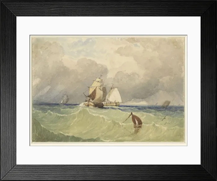 Framed Print : Three-masters and Dutch sailing barge in the open sea, 1830-1880. Creator: Thomas Sewell Robins Framed Print : Three-masters and Dutch sailing barge in the open sea, 1830-1880. Creator: Thomas Sewell Robins