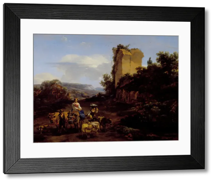 Framed Print : Landscape with Ruins and Travelers, 1654. Creator: Nicolaes Berchem Framed Print : Landscape with Ruins and Travelers, 1654. Creator: Nicolaes Berchem