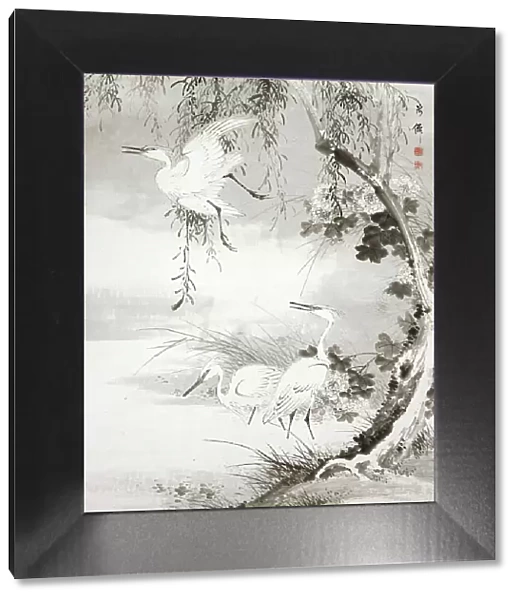 Herons and Willow, 19th century. Creator: Oda Kaisen