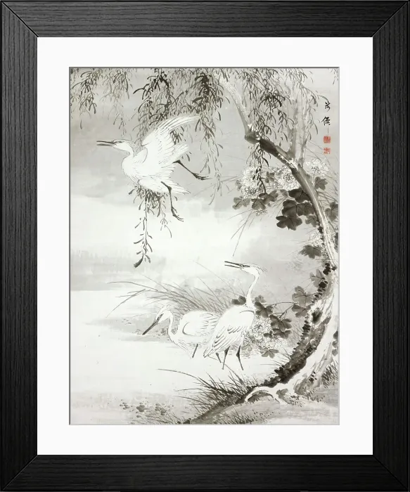 Framed Print : Herons and Willow, 19th century. Creator: Oda Kaisen Framed Print : Herons and Willow, 19th century. Creator: Oda Kaisen