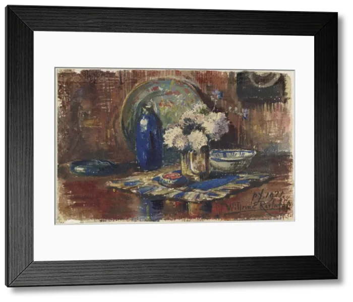 Framed Print : Still life with blue bottle and vase of flowers, 1921. Creator: Willem Elisa Roelofs Framed Print : Still life with blue bottle and vase of flowers, 1921. Creator: Willem Elisa Roelofs