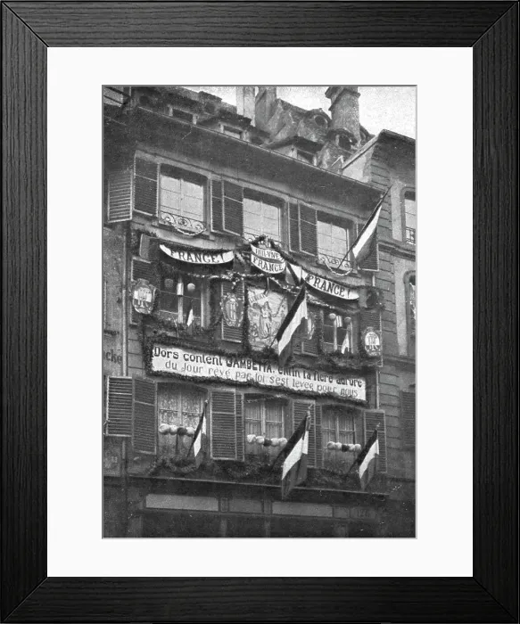 Framed Print : Petain et Foch a Strasbourg; La parure de fete de Strasbourg liberee: deux facades ornee...1918. Creator: Unknown Framed Print : Petain et Foch a Strasbourg; La parure de fete de Strasbourg liberee: deux facades ornee...1918. Creator: Unknown