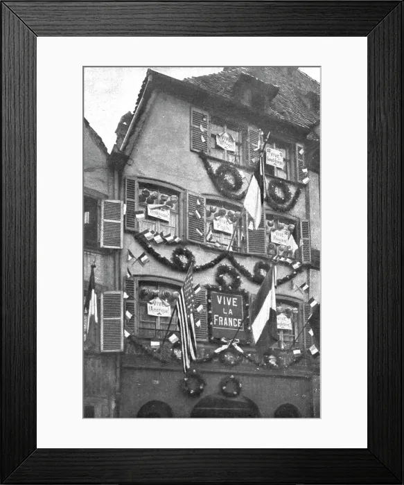 Framed Print : Petain et Foch a Strasbourg; La parure de fete de Strasbourg liberee: deux facades ornees...1918. Creator: Unknown Framed Print : Petain et Foch a Strasbourg; La parure de fete de Strasbourg liberee: deux facades ornees...1918. Creator: Unknown