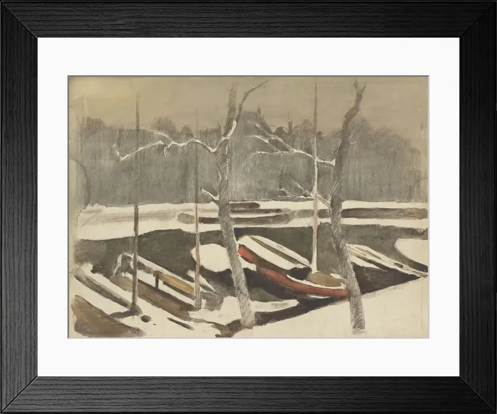 Framed Print : Moored barges on a snowy canal, 1870-1923. Creator: Willem Witsen Framed Print : Moored barges on a snowy canal, 1870-1923. Creator: Willem Witsen