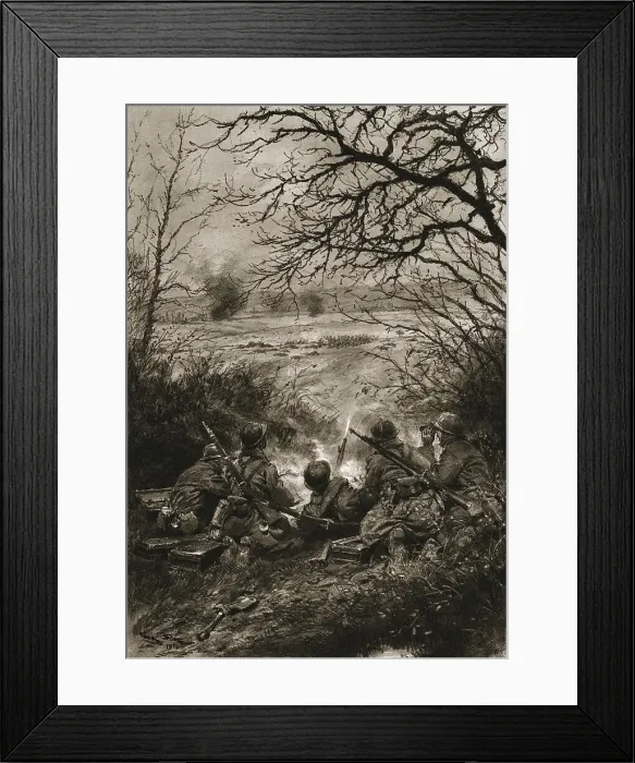 Framed Print : Dans la Bataille; Les troupes d'assaut allmandes, avancant en terrain decouvert, sont.... Creator: Unknown Framed Print : Dans la Bataille; Les troupes d'assaut allmandes, avancant en terrain decouvert, sont.... Creator: Unknown