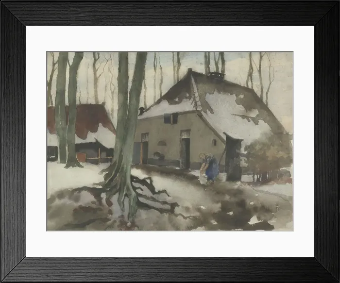Framed Print : Woman in front of a house in a snowy forest, 1870-1923. Creator: Willem Witsen Framed Print : Woman in front of a house in a snowy forest, 1870-1923. Creator: Willem Witsen