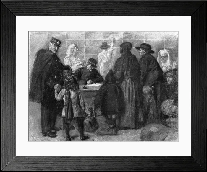 Framed Print : L'exode devant l'ennemi; Les refugies a Paris: on releve l'identite de chacun et on... 1918. Creator: Unknown Framed Print : L'exode devant l'ennemi; Les refugies a Paris: on releve l'identite de chacun et on... 1918. Creator: Unknown