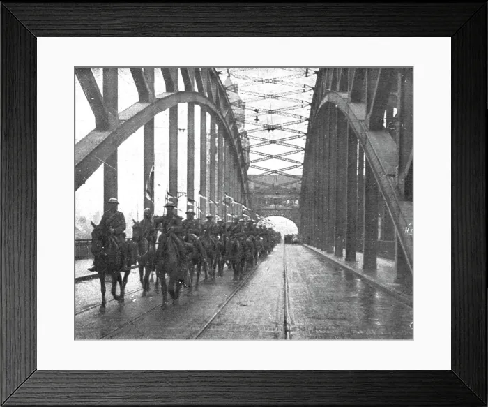 Framed Print : Les Anglais sur le Rhin; A Cologne, Lanciers britanniques passant le Rhin a Cologne... 1918. Creator: Jean Clair-Guyot Framed Print : Les Anglais sur le Rhin; A Cologne, Lanciers britanniques passant le Rhin a Cologne... 1918. Creator: Jean Clair-Guyot