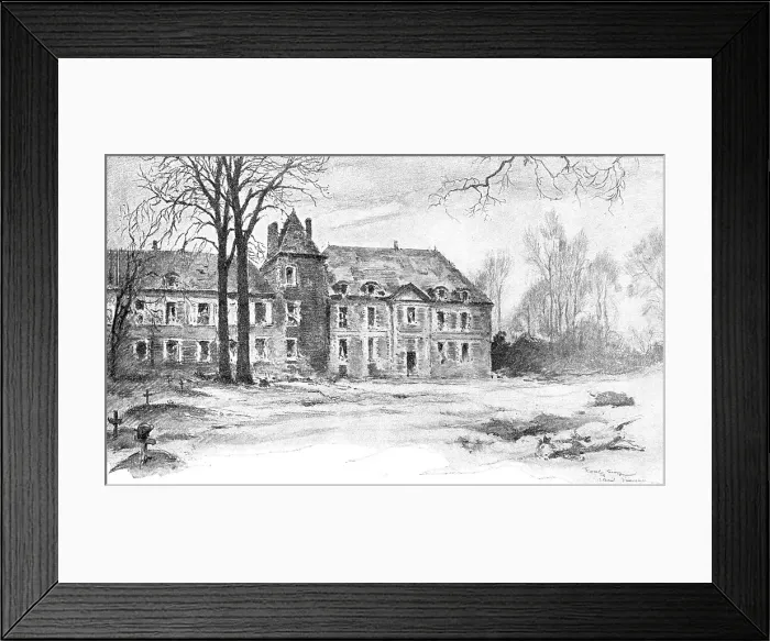 Framed Print : Dans la Bataille; Le chateau de Grivesnes ou l'on se battit les 30 et 31 mars 1918... 1918. Creator: Georges Bertin Scott Framed Print : Dans la Bataille; Le chateau de Grivesnes ou l'on se battit les 30 et 31 mars 1918... 1918. Creator: Georges Bertin Scott
