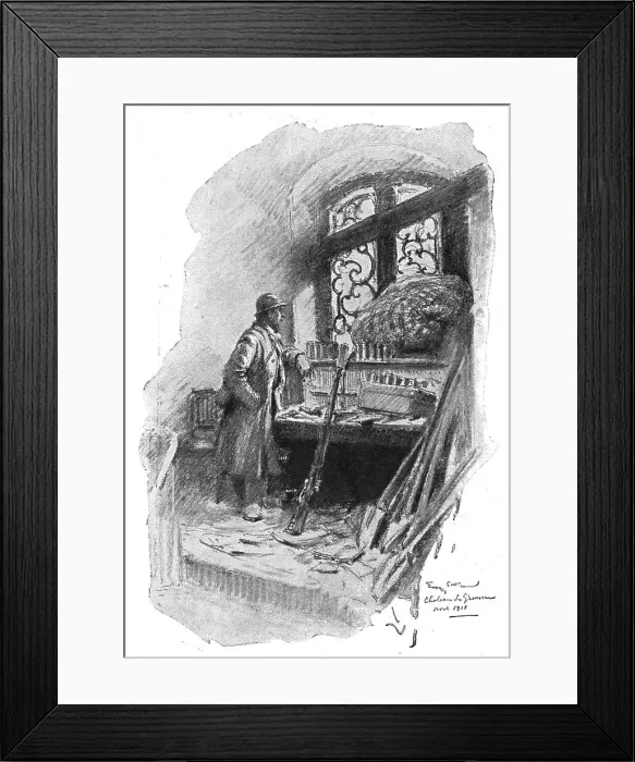 Framed Print : Dans la Bataille; Attendant l'attaque: un fantassin du 350e derriere une fenetre du chateau, 1918. Creator: Georges Bertin Scott Framed Print : Dans la Bataille; Attendant l'attaque: un fantassin du 350e derriere une fenetre du chateau, 1918. Creator: Georges Bertin Scott