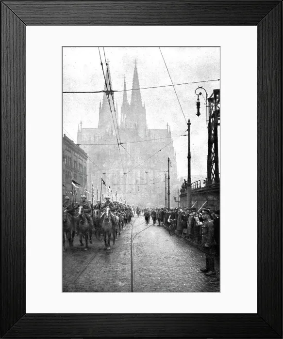 Framed Print : Les Anglais sur le Rhin; A Cologne, Le defile de la cavalerie britannique a Cologne... 1918. Creator: Jean Clair-Guyot Framed Print : Les Anglais sur le Rhin; A Cologne, Le defile de la cavalerie britannique a Cologne... 1918. Creator: Jean Clair-Guyot