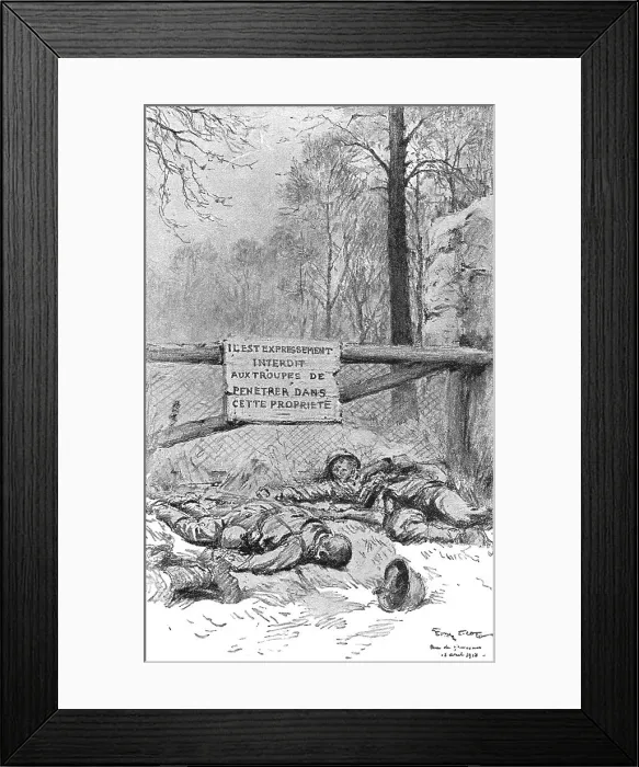Framed Print : Dans la Bataille; Ecriteau dispose pour proteger une breche au mur du parc, quand... 1918. Creator: Georges Bertin Scott Framed Print : Dans la Bataille; Ecriteau dispose pour proteger une breche au mur du parc, quand... 1918. Creator: Georges Bertin Scott