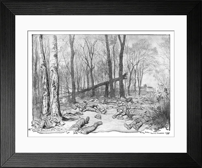 Framed Print : Dans la Bataille; cadavres de soldats allemands de la 1st division de la Garde, dans le... 1918. Creator: Georges Bertin Scott Framed Print : Dans la Bataille; cadavres de soldats allemands de la 1st division de la Garde, dans le... 1918. Creator: Georges Bertin Scott