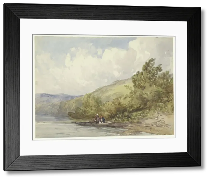Framed Print : Hilly landscape with a lake and a boat with two figures, 1822-1908. Creator: William Callow Framed Print : Hilly landscape with a lake and a boat with two figures, 1822-1908. Creator: William Callow