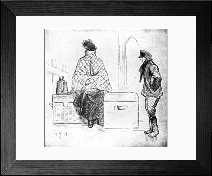Framed Print : Les Indesirables; Immobilisee par ses excedents de bagages devant le pont de Kehl, 1918. Creator: Andre Galland