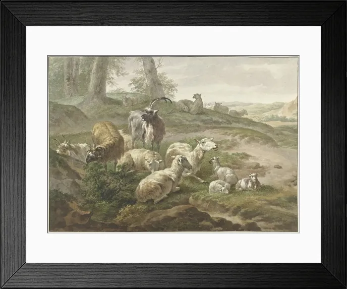 Framed Print : Goats and sheep in a hilly landscape, 1754-1831. Creator: Wybrand Hendriks Framed Print : Goats and sheep in a hilly landscape, 1754-1831. Creator: Wybrand Hendriks
