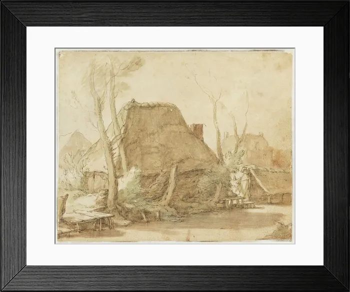 Framed Print : Peasant huts on the banks of a river; around it bare trees, stumps and bushes, to the left... Creator: Abraham Bloemaert