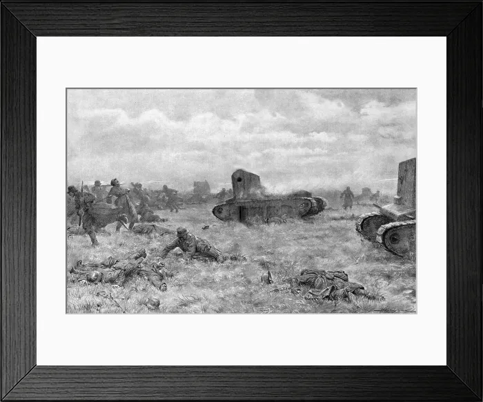 Framed Print : Un charge de tanks; des tanks rapides de l'armee Britannique chargent et dispersent... 1918. Creator: J Simont Framed Print : Un charge de tanks; des tanks rapides de l'armee Britannique chargent et dispersent... 1918. Creator: J Simont