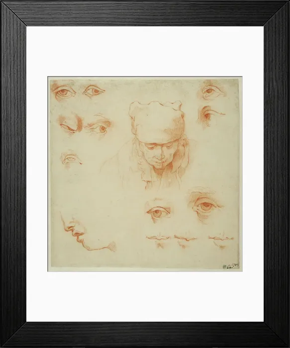 Framed Print : An old woman's head, studies of eyes and mouths. Creator: Abraham Bloemaert Framed Print : An old woman's head, studies of eyes and mouths. Creator: Abraham Bloemaert