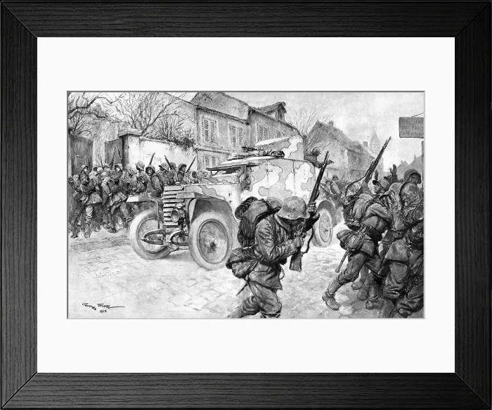 Framed Print : Le bolide qui passe; une auto-mitrailleuse de cavalerie francaise regagne nos lignes... 1918. Creator: Georges Bertin Scott Framed Print : Le bolide qui passe; une auto-mitrailleuse de cavalerie francaise regagne nos lignes... 1918. Creator: Georges Bertin Scott