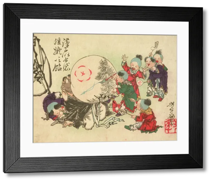 Framed Print : Children Blowing Up Hotei's Belly and Painting It Like Candy, May 1882. Creator: Tsukioka Yoshitoshi