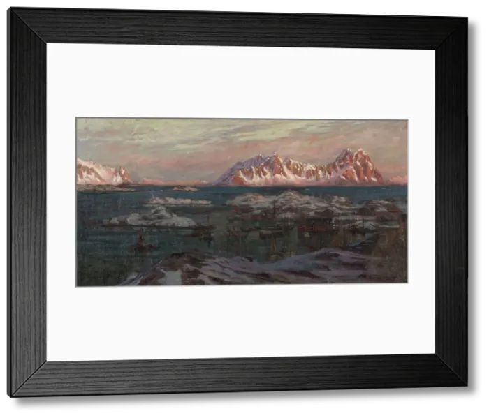 Framed Print : Fishing Harbour with Sunlit Mountains. Study from North Norway, c1900s. Creator: Anna Katarina Boberg Framed Print : Fishing Harbour with Sunlit Mountains. Study from North Norway, c1900s. Creator: Anna Katarina Boberg