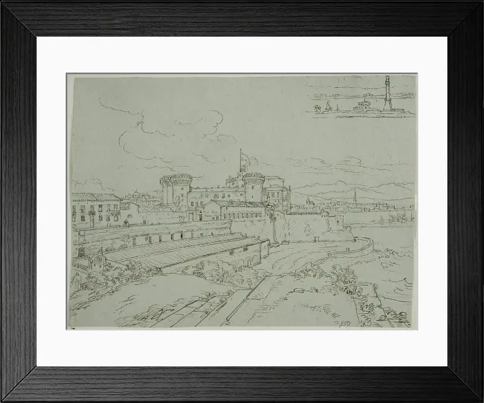 Framed Print : Castel Nuovo in Naples, and a sketch of the lighthouse. Creator: Adriaen Honing Framed Print : Castel Nuovo in Naples, and a sketch of the lighthouse. Creator: Adriaen Honing
