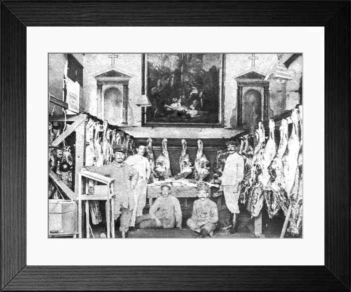 Framed Print : Barbarie; Les methodes Allemandes; Une chapelle du Nord convertie en boucherie militaire... 1914. Creator: Unknown Framed Print : Barbarie; Les methodes Allemandes; Une chapelle du Nord convertie en boucherie militaire... 1914. Creator: Unknown