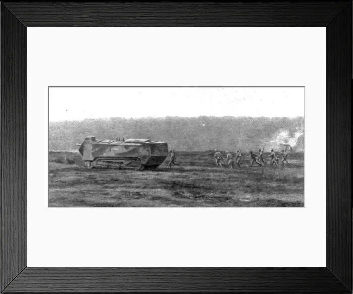Framed Print : De la Picardie au Chemin des Dames; un char d'assaut au milieu d'une vague d'infanterie, 1918. Creator: Unknown Framed Print : De la Picardie au Chemin des Dames; un char d'assaut au milieu d'une vague d'infanterie, 1918. Creator: Unknown