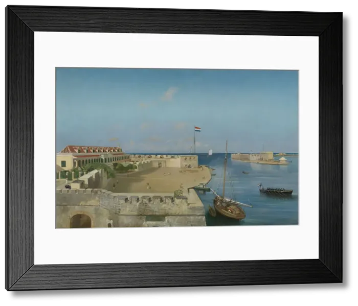Framed Print : The harbour entrance with the Government Palace, Willemstad, 1858. Creator: Prosper Crébassol Framed Print : The harbour entrance with the Government Palace, Willemstad, 1858. Creator: Prosper Crébassol