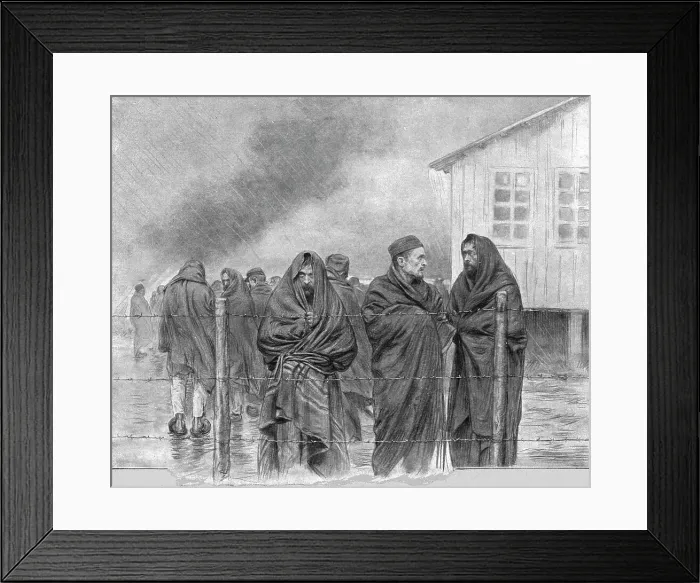 Framed Print : La vie de nos prisonniers; au meme camp: convalescents, enveloppes dans des couvertures.... Creator: Unknown Framed Print : La vie de nos prisonniers; au meme camp: convalescents, enveloppes dans des couvertures.... Creator: Unknown