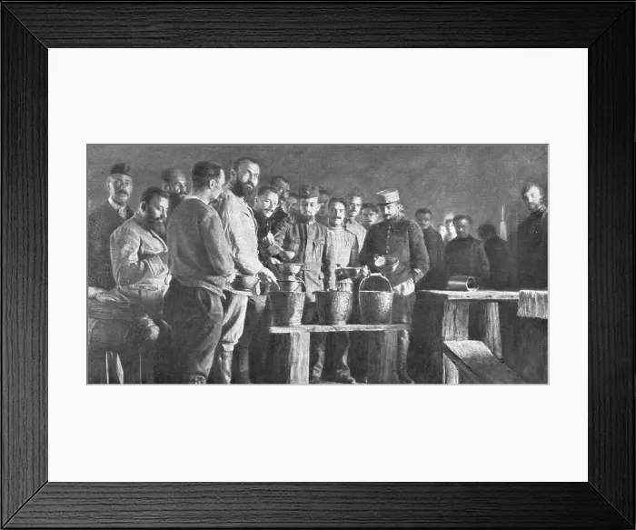 Framed Print : Les camps de represailles; les repas: la soupe, apportee dans des seaux de toilette, etait... 1916 Creator: Unknown Framed Print : Les camps de represailles; les repas: la soupe, apportee dans des seaux de toilette, etait... 1916 Creator: Unknown