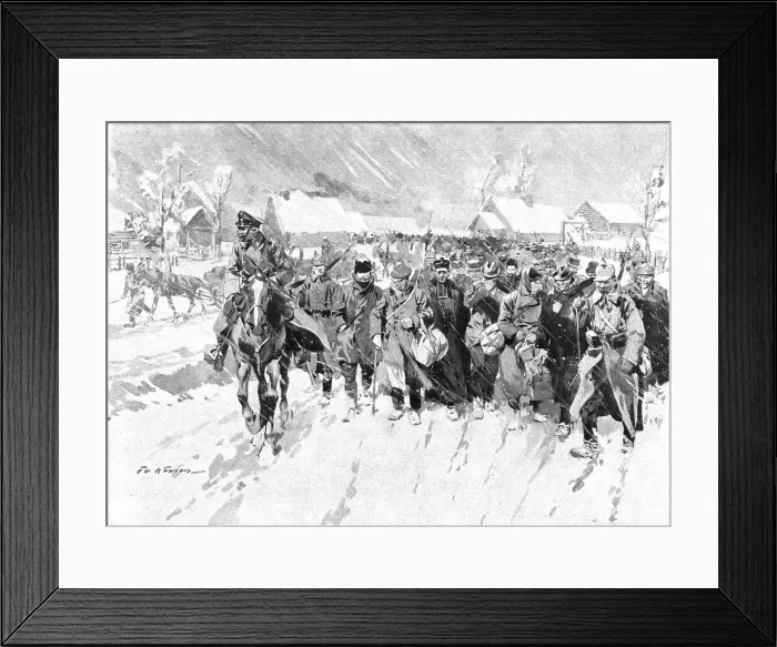 Framed Print : Le calvaire des six cents otages; l'arrivee a Zosle, en Lithuanie, le 12 janvier 1918, des... 1918 Creator: Frederic de Haenen Framed Print : Le calvaire des six cents otages; l'arrivee a Zosle, en Lithuanie, le 12 janvier 1918, des... 1918 Creator: Frederic de Haenen