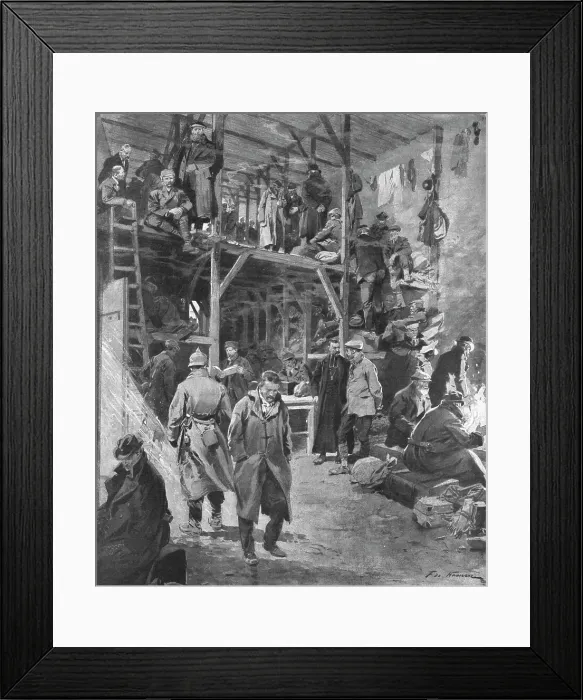 Framed Print : Le calvaire des six cents otages; Vue interieure de la grange de Milejgany ou furent... 1918. Creator: Frederic de Haenen Framed Print : Le calvaire des six cents otages; Vue interieure de la grange de Milejgany ou furent... 1918. Creator: Frederic de Haenen