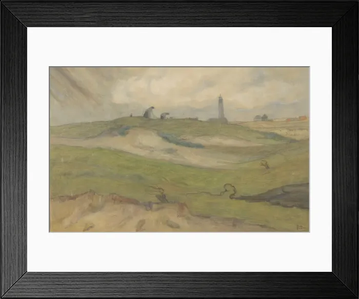 Framed Print : Dune landscape with lighthouse and people mending fishing nets, 1872-1944. Creator: Frans Smissaert Framed Print : Dune landscape with lighthouse and people mending fishing nets, 1872-1944. Creator: Frans Smissaert